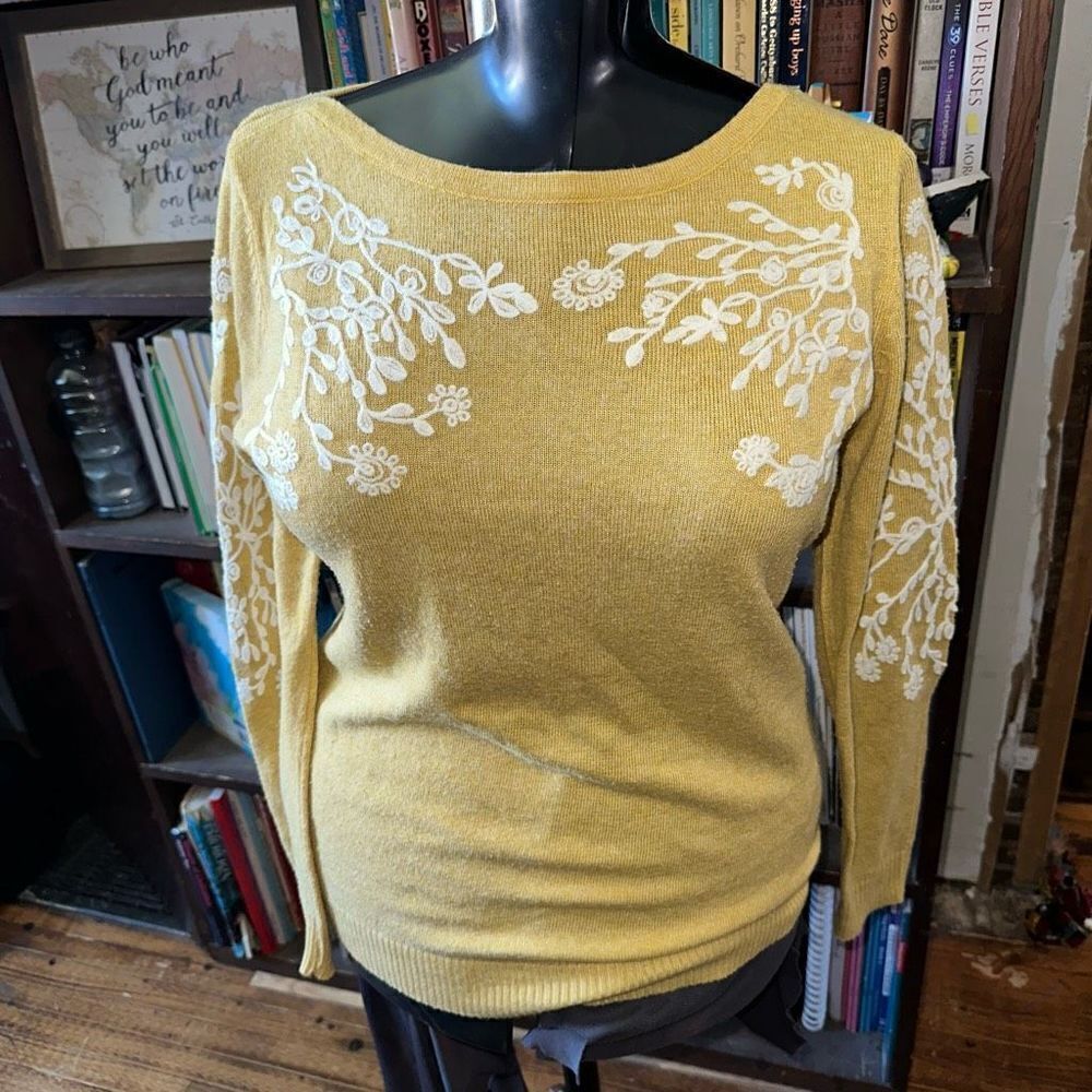 Rain + Rose mustard yellow XS embroidered boho sweater